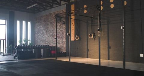 Spacious fitness studio with pull-up rig and gymnastic rings