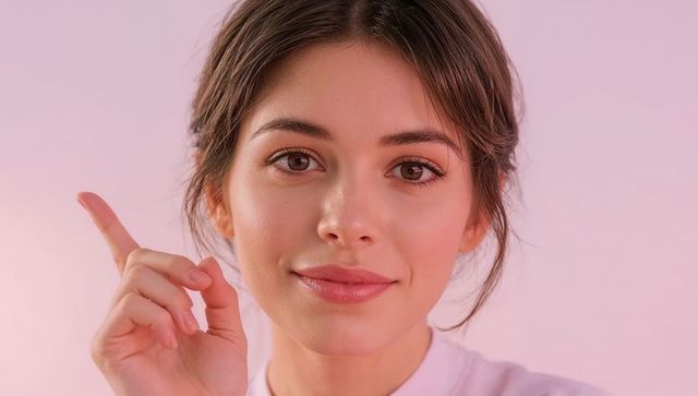 Young woman pointing and smiling with index finger near face on pastel pink background
