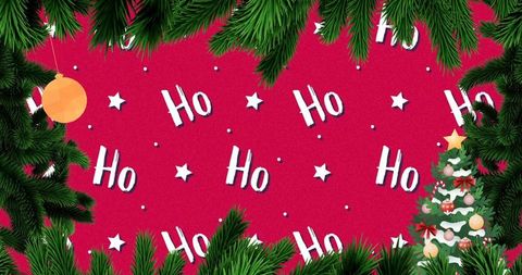 Festive ho pattern on red background framed by pine boughs and christmas tree - holiday greeting ban