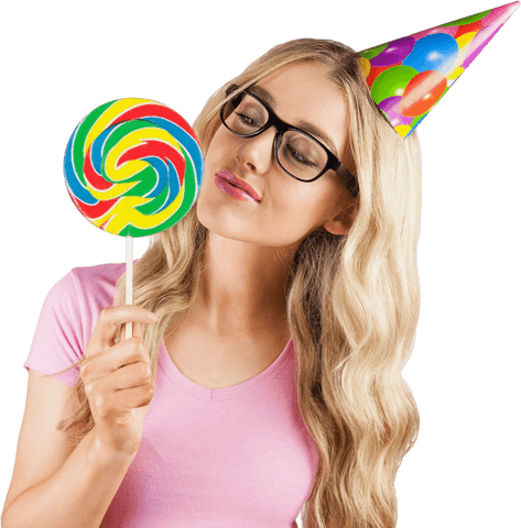 smiling woman in party hat holding giant lollipop on transparent background - Download Free Stock Videos Pikwizard.com