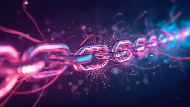 Futuristic neon chain links emitting digital spark particles