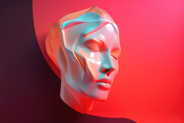 Close up of stone face sculpture on red background, created using generative ai technology. Art and modern abstract face sculpture design concept digitally generated image.