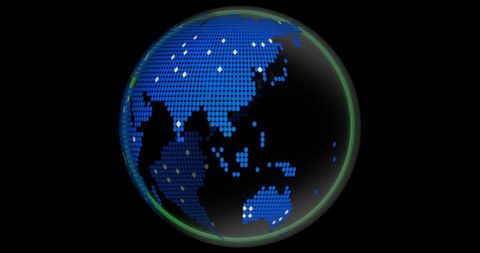 Holographic digital globe with blue dot map, white data lights and green rim