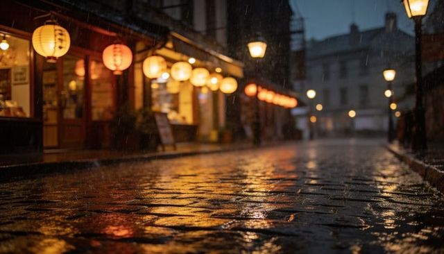 Glowing wet cobblestones reflecting lantern light on narrow rainy historic street at night