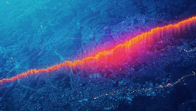 Neon Corridor Tracing Diagonal High-Rise Skyline Over Hills Aerial Night Metropolis Glow