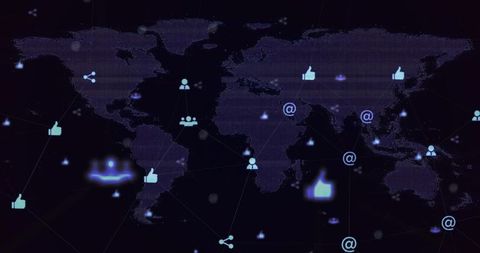 Connecting global networks using glowing social icons on holographic digital world map