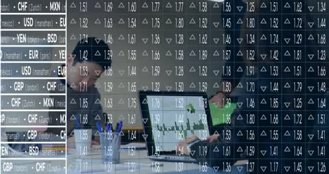 Business Meeting with Financial Graphics and Currency Exchange Display