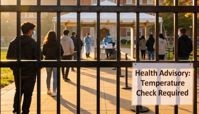 Masked students queuing for temperature checks at campus screening tent during golden hour