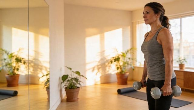 Fit woman lifting hex dumbbells in sunlit studio with plants, mirror and yoga mats