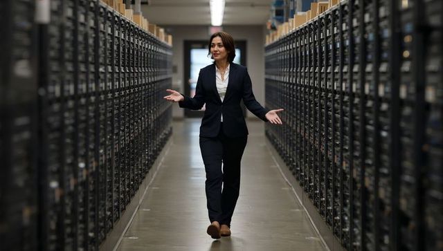 Walking businesswoman gesturing through data center aisle between server racks and cabinets