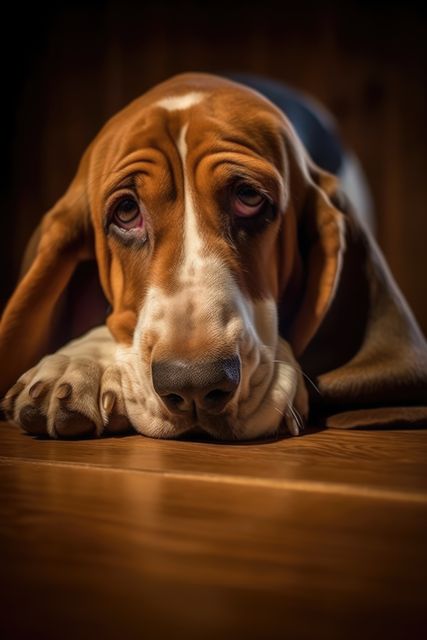 Portrait of cute basset hound lying on wooden floor, created using generative ai technology. Animal, pet and dog concept digitally generated image.