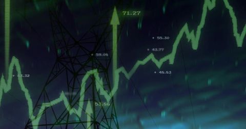 Neon green energy market growth graph overlaying electrical transmission tower night