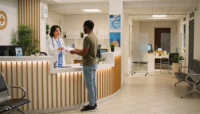 Doctor handing forms to patient at modern clinic reception with wood accents and plants