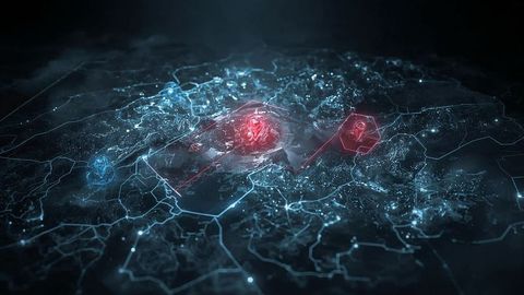 Futuristic Red Holographic Node in Digital Network Environment