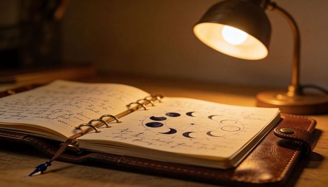 Leather journal showing moon phase diagram and handwritten notes under warm brass lamp