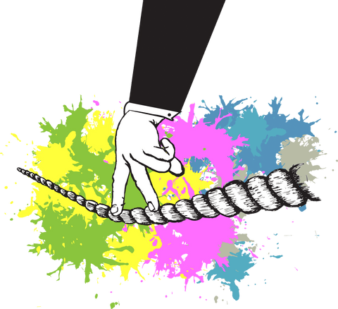 Walking fingers on rope above colorful stains on transparent background