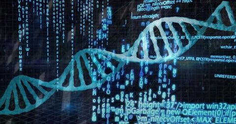 Teal DNA Helix Glowing Over Cascading Code Streams Visualizing Genomic Data