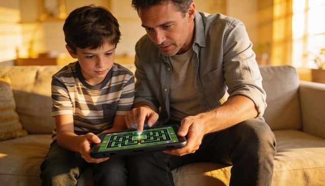 Father guiding son through tablet maze game on couch during warm sunlit evening