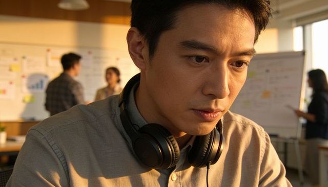 Focused asian man wearing headphones working at office whiteboard during team brainstorm