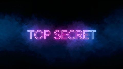 Top secret neon sign with purple blue smoke aura, futuristic retro moody glowing lettering