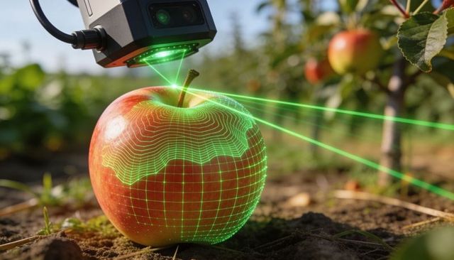 Lidar scanning red-yellow apple with green wireframe grid for fruit mapping and quality inspection