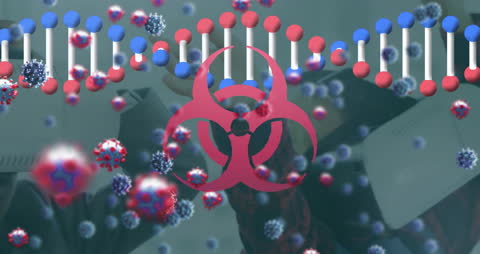 Man in Mask Surrounded by Floating Virus Icons DNA Strand