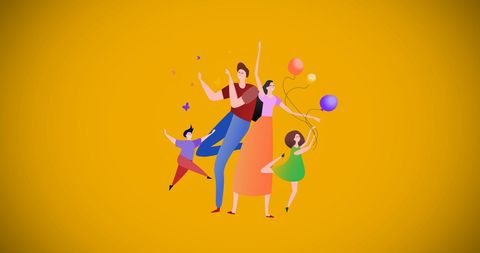 Happy family dancing illustration with balloons on yellow background