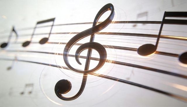 Glossy treble clef with glowing staff and floating musical notes, closeup