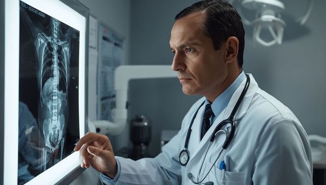 Physician analyzing spinal x-ray in medical imaging room