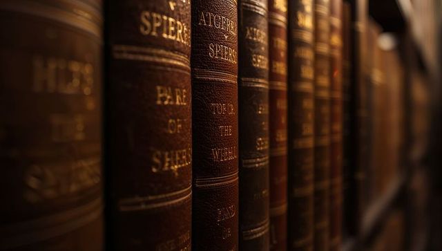 Warm-lit antique leather book spine with gilt lettering on wooden library shelf