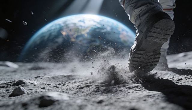 Astronaut boot kicking lunar regolith with earth rising over horizon, cinematic moon exploration