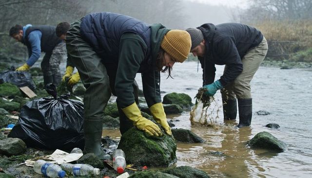Volunteers cleaning riverbank removing litter and mossy rocks during overcast cleanup