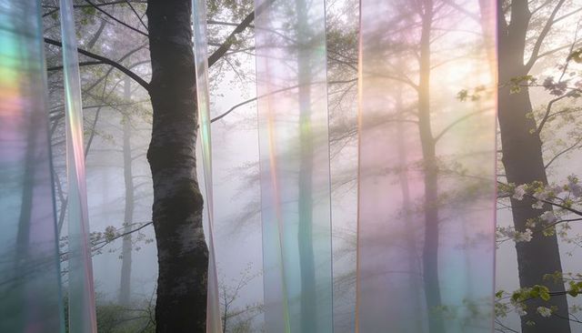 Iridescent panels refracting pastel light in foggy forest with dark birch trunks
