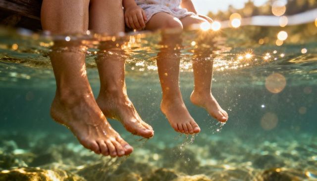 Parent and child dangling bare feet over sunlit clear lake water at golden hour