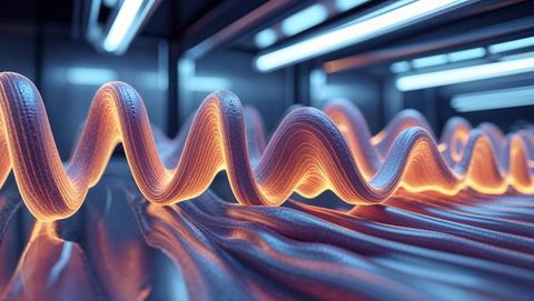 Glowing helical wave structure illuminating futuristic lab