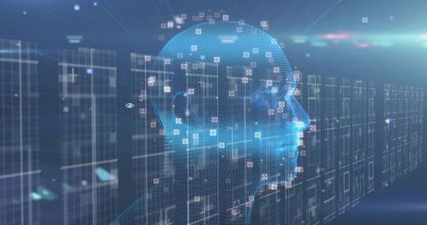 Visualizing AI neural network with blue wireframe head and glowing holographic data nodes