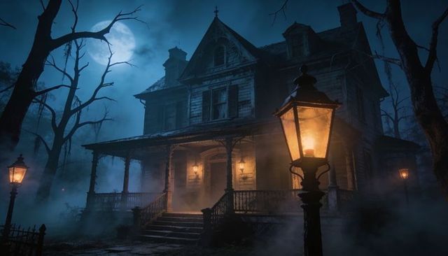 Glowing haunted victorian mansion with fogged porch and lanterns under full moon night