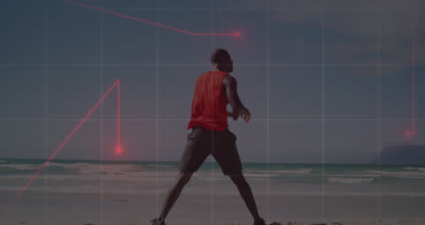 African American Man Stretching on Beach with Futuristic Light Trails