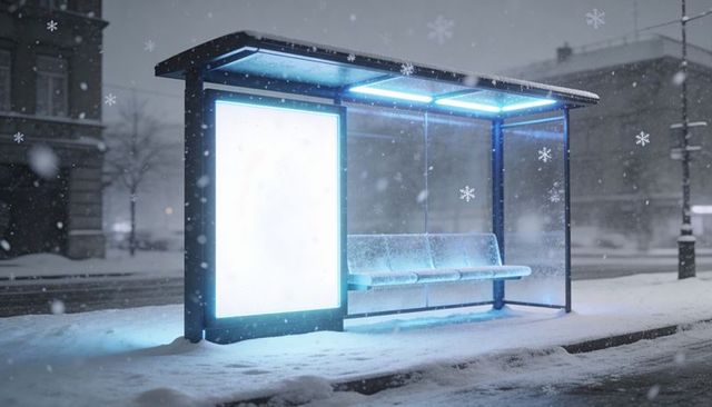Glowing blue led bus shelter illuminating snowy urban night with backlit panel