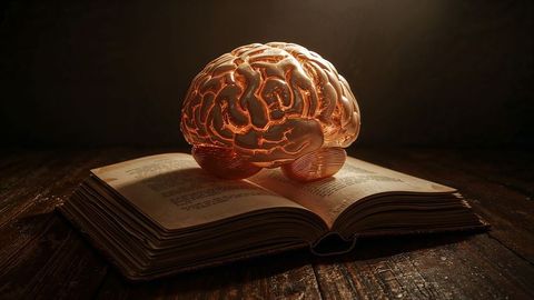 Illuminated brain model on ancient book in scholarly setting