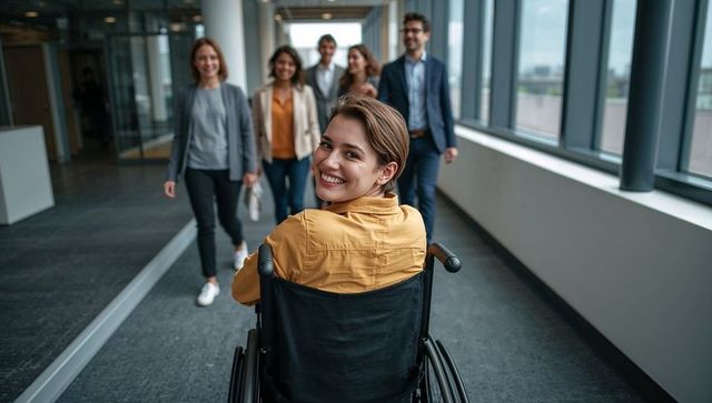 Businesswoman in Wheelchair Engaging with Colleagues in Office Corridor