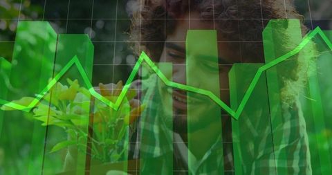 Young Gardener Inspecting Yellow Flowers with Green Growth Chart Overlay for Sustainability