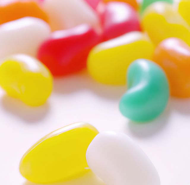 Close-up of assorted colorful jelly beans on a white background, with hues of yellow, red, green, white, and more. The vibrant, shiny candies exude a cheerful atmosphere, making this ideal for advertisements, websites, and marketing materials focused on sweets, desserts, and snacks. Perfect for social media posts, blog graphics, or party invitations.