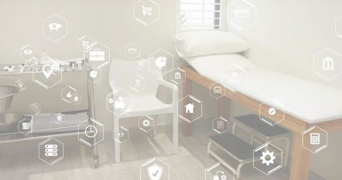 Minimal clinic exam room with wooden-framed exam table and telehealth icons