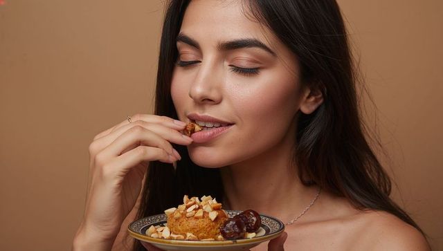 Woman enjoying nut-topped pastry with dates close-up soft beige beauty portrait