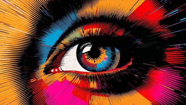 Neon burst eye radiating halftone rays with vibrant pop art colors and graphic lines