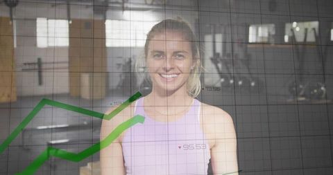 Smiling Female Athlete Wearing Lavender Tank Top Training with Performance Data Overlay