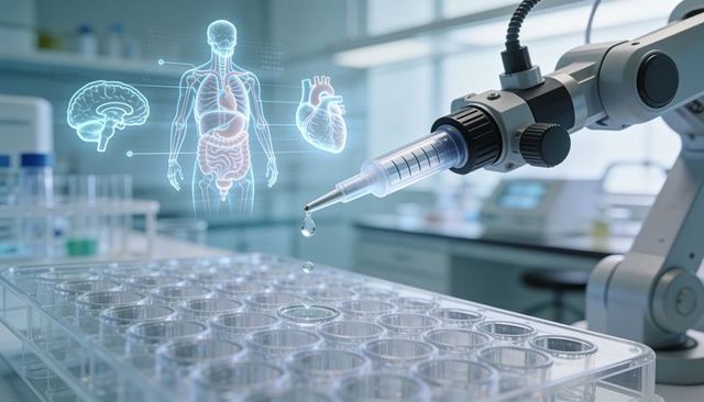Robotic pipette dropping droplet over 96-well plate with holographic human anatomy overlay