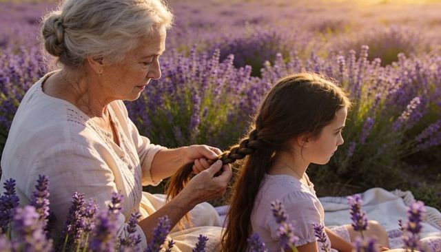Grandmother braiding granddaughter hair in lavender field at golden hour
