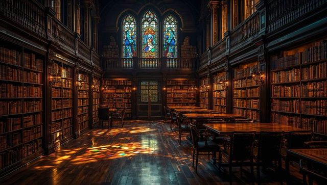 Historic Wood Library Interior with Stained-Glass Light, Mezzanine Balustrade, Study Hall